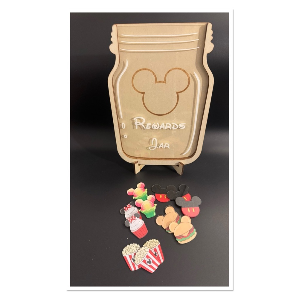 NEW Disney Mickey Mouse Head wooden rewards jar with character tokens and stand